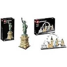 LEGO Architecture Frihetsgudinnan Stor Arkitektur Byggsats med New York Souvenir 21042 & LEGO Architecture London Arkitektur Byggsats med Big Ben och London Eye, Modellbyggsats, Presentidé 21034