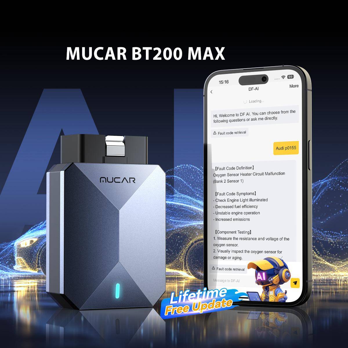 MUCAR BT200 Max Livstid Gratis Uppdatering OBD2-skanner 15 Återställningar CAN FD Tvåvägskontroll Allt System Diagnostikverktyg för Alla Bilar