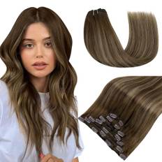 RUNATURE Clip in Hair Extensions Real Human Hair Ombre Clip in Brown Hair 18 Inch 120G Medium Brown Highlight Honey Blonde Fading To Medium Brown Double Weft Clip in Remy Hair Extensions