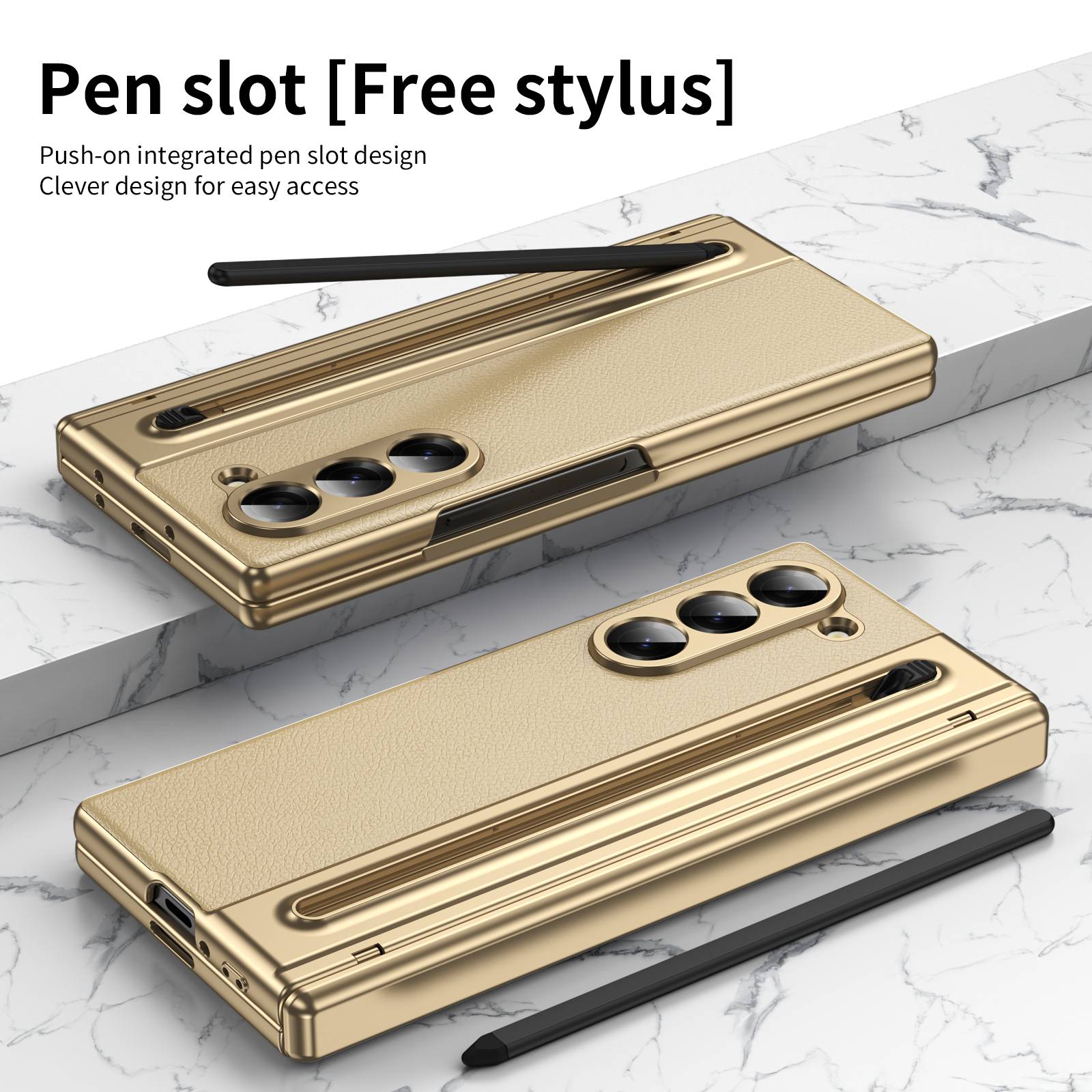 VIETAO Compatible For Samsung Galaxy Z Fold 8 7 6 5 4 Case With Pen,Gold Plating PU Leather Z Fold 8 Case With Glass Film, Hinge