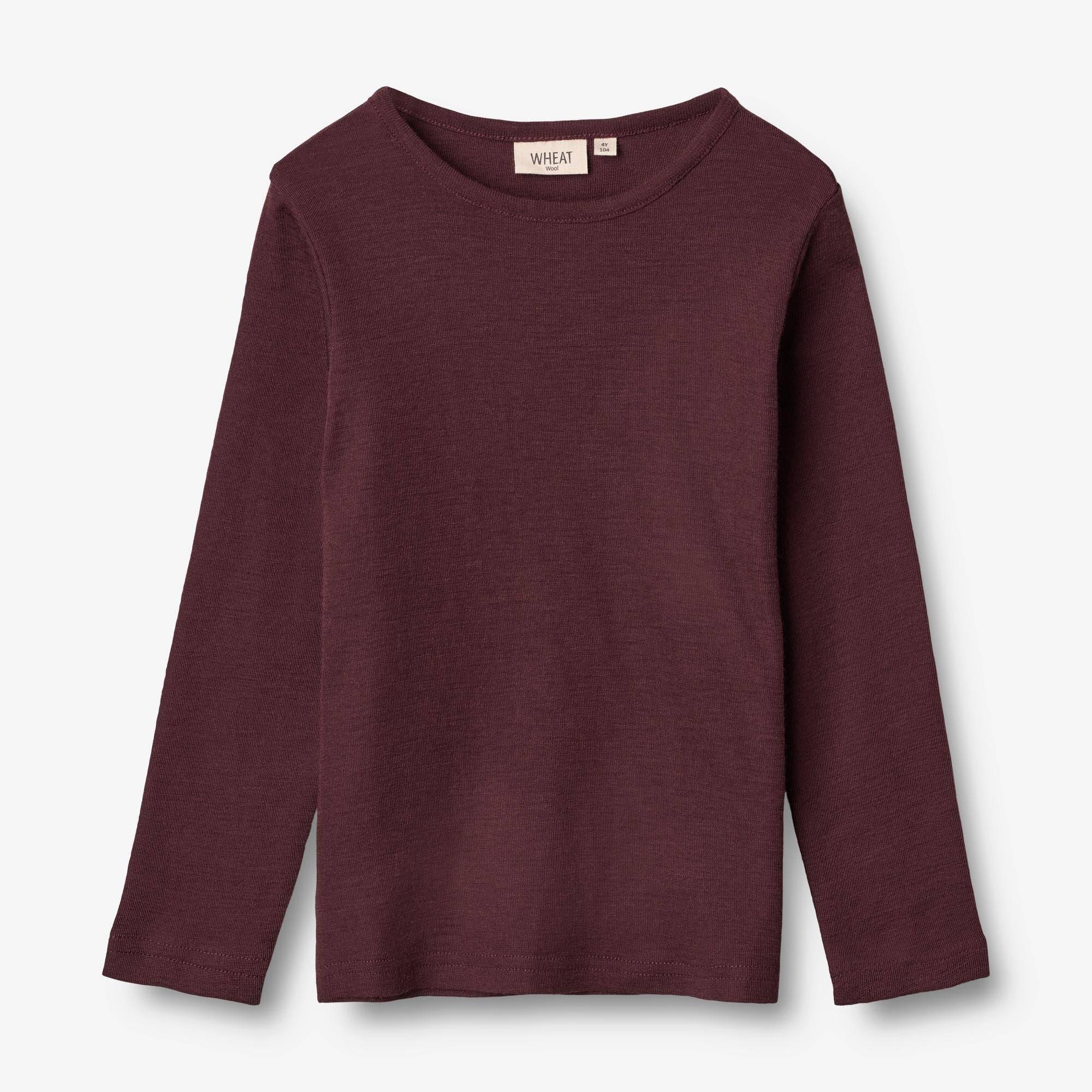 WHEAT® - Langærmet Uld T-shirt - aubergine - Str 110.