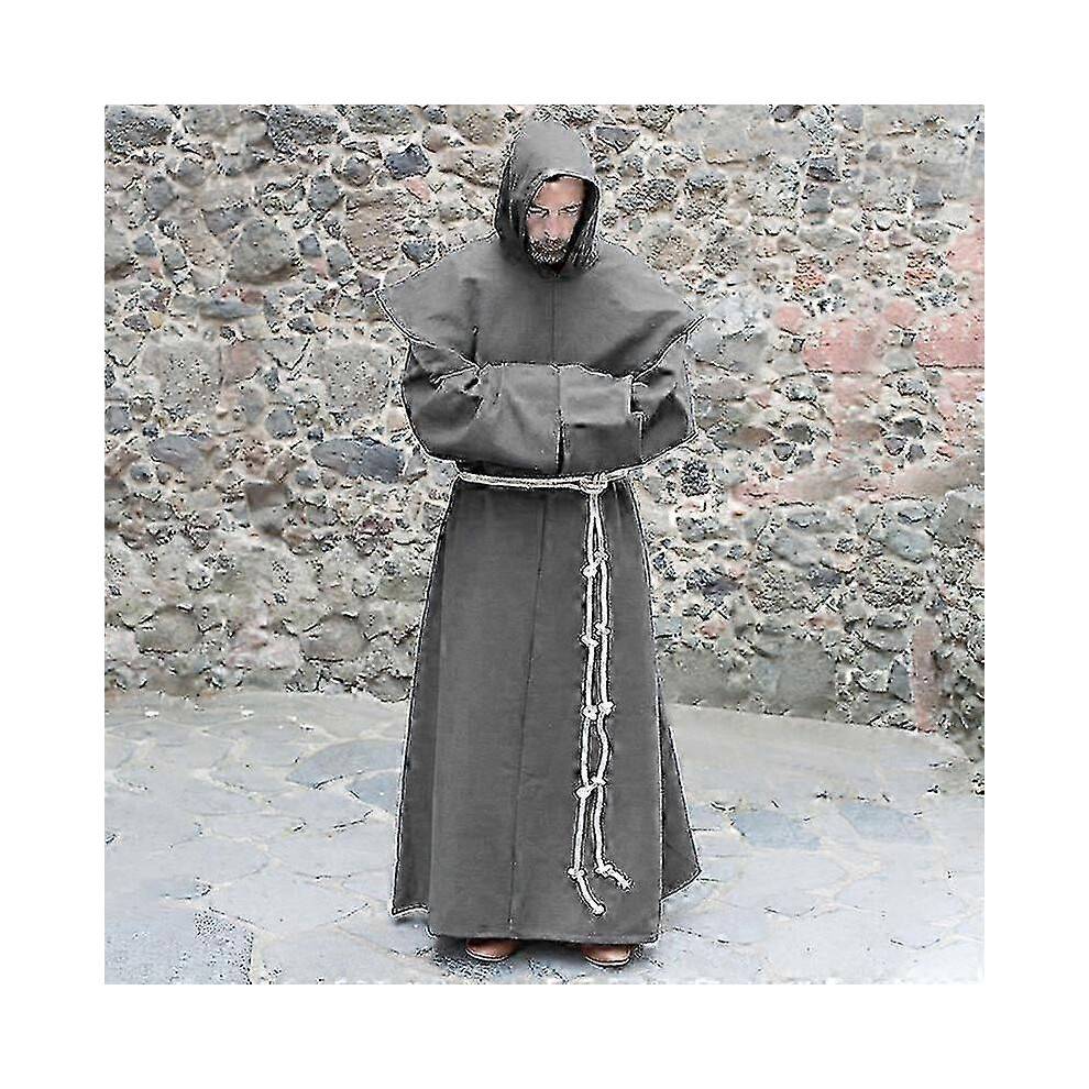 (S, Gray) S-5xl Renaissance Monk Clergy Habit Scapular Friar Costume Religious Saint Gown Robe Men Priest Hood Cowl Halloween Outfit
