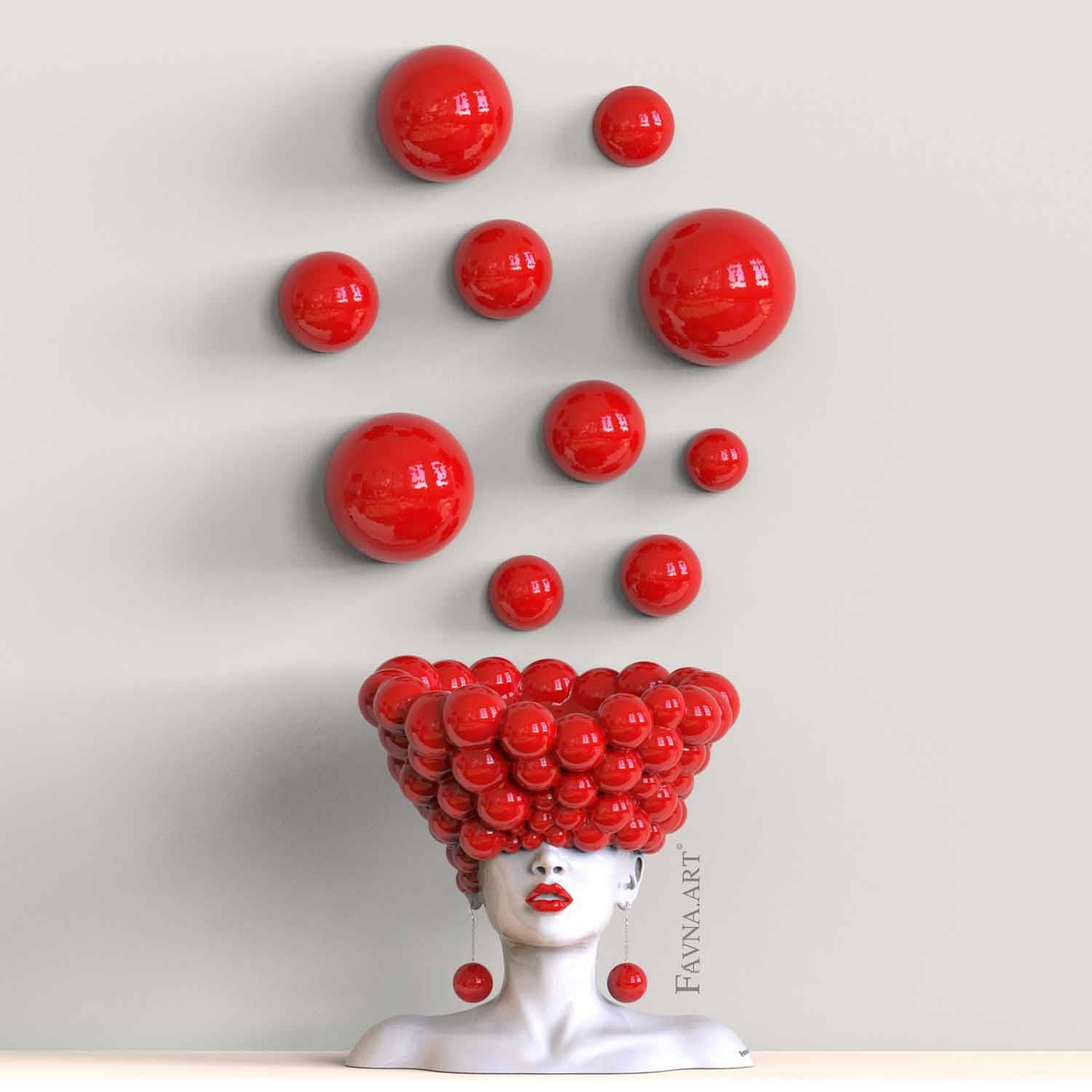 Conceptual sculpture "Thoughts" with bubble wall art – Artistic composition set for living room, red polka dots interior design - With 10 half-spheres / Red