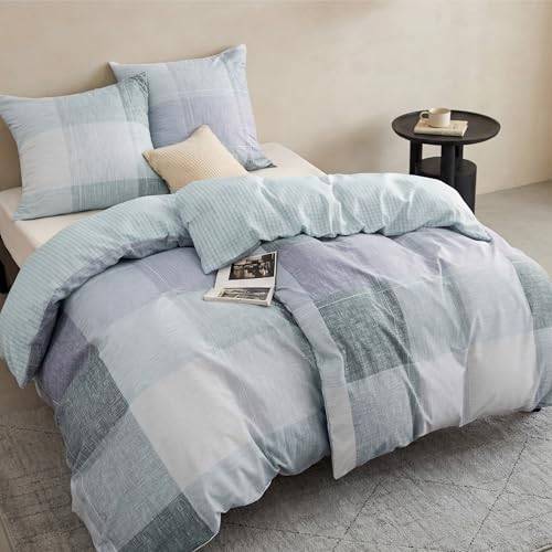 BEDSURE Bettwäsche 135x200 4teilig - Blau Violett Plaid, 2x80x80 Kissen