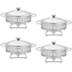 2L Chafing Skål Bufféset 4Pack, Rund Guld Buffet Varmare Chafers och Buffévärmare Set med glasbrickor för fester Bröllopsmiddagar, Silver