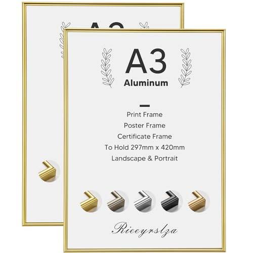 Rieeyrslza 2 Stycken Fotoramar av Aluminium Arkivhållare 29, 7x42cm A3 Ramvägg Fotoram för Bordsram Fotoram för Affisch på Väggen Lämplig för Hemskolor Gallerier(Guld)