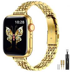 MioHHR Slim Band kompatibel mit Apple Watch Armband 38 mm 40 mm 41 mm, dünnes Edelstahl-Metallkettenband für Damen iWatch Bands Serie 8 7 6 5 4 3 2 1 SE, Gold