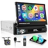 Hikity 1 DIN Wireless Car Radio Carplay Android Auto 7" Flip out Touch Screen Motorized with Bluetooth Handsfree, Type-C, FM Radio, Steering Wheel Control, Rear Camera
