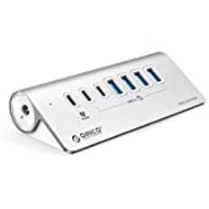 ORICO USB-hub, USB C 3.2 Gen 2-hub, 7-port USB-distributör 10 Gbps med 4 USB A, 2 USB C och 1 PD 60 W, 24 V/3 A strömförsörjning, aluminium USB-splitter med 1 m USB-C-kabel för MacBook, MacBook Pro