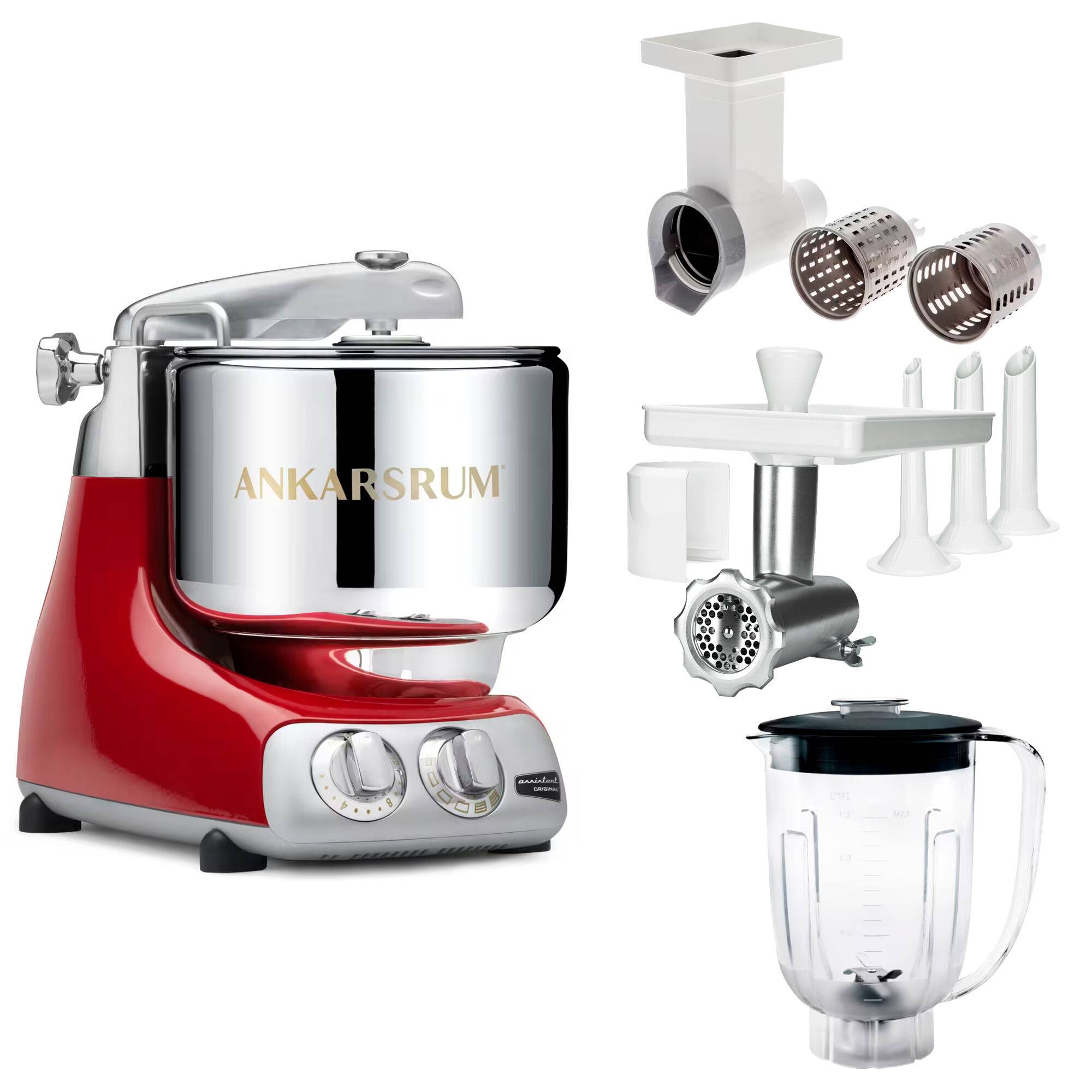 Ankarsrum Assistent Original AKM 6230 køkkenassistent med kødkværn, rive/skæretilbehør og blenderkande, rød