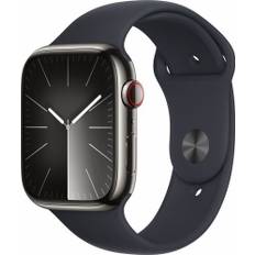 Apple Watch Series 9 Rustfrit stål 45 mm (2023) | GPS + Cellular | graphit | Sportsrem Midnight S/M