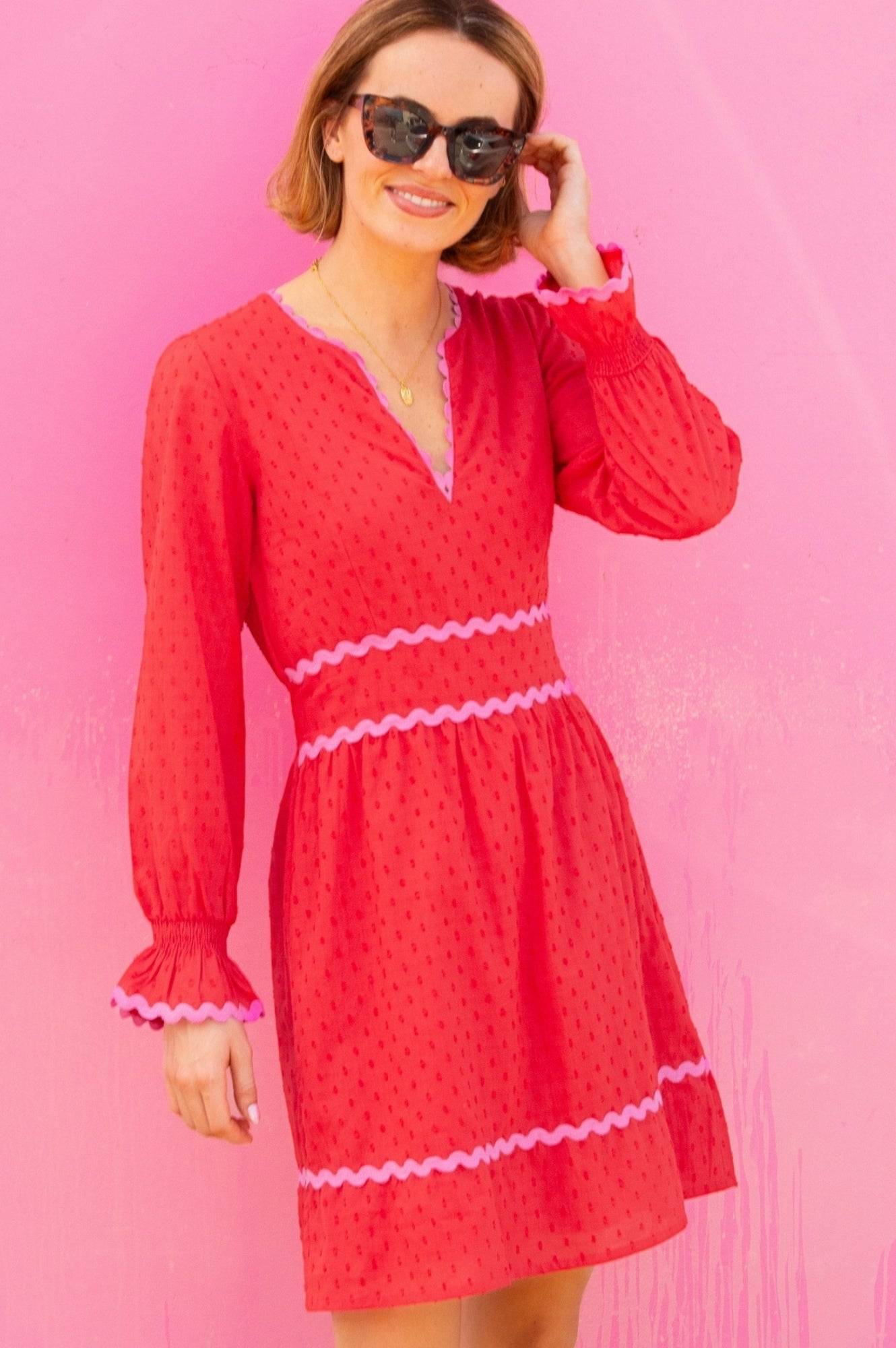 Aspiga Ladies Sustainable Short Purdie Organic Cotton Ric Rac Dobby Summer Holiday Dress Red/Pink | XS/8 - (UK 8/US 4/EU 36) - pink