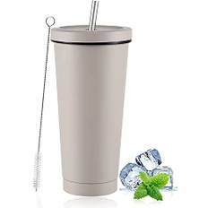 LATERN Iskaffeglas med lock och sugrör, 750 ml isolerad rostfritt stål kopp dubbelvägg vakuum resa kaffemugg återanvändbar vattenkopp håller drycker kalla och varma (kaffegrå, 1 st)