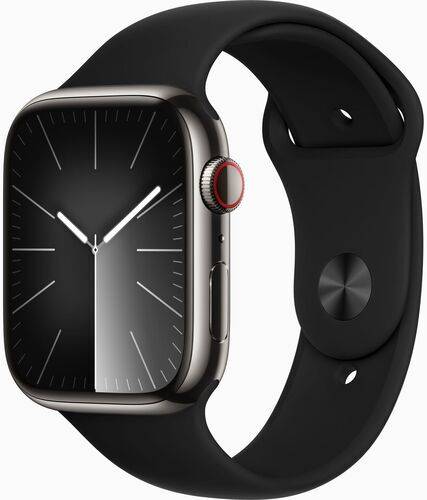 Apple Watch Series 9 Rustfrit stål 45 mm (2023) | GPS + Cellular | Grafit | sort sportsrem S/M