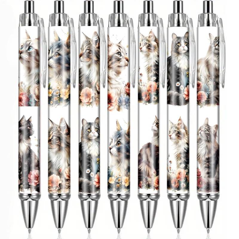 7 Exquisite Floral Cat-themed Ballpoint Pens With Perfect Replaceable Refills, Ideal For Everyday Use And Occasions, For Cat Lovers, A Must-have For Writing