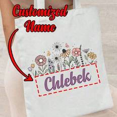 Anpassningsbart namn, tryckt med blommönster Vit canvasväska, hopfällbar, stor kapacitet, lätt, stilren, personlig tygväska, axelväska, Casual shoppin - Vitt