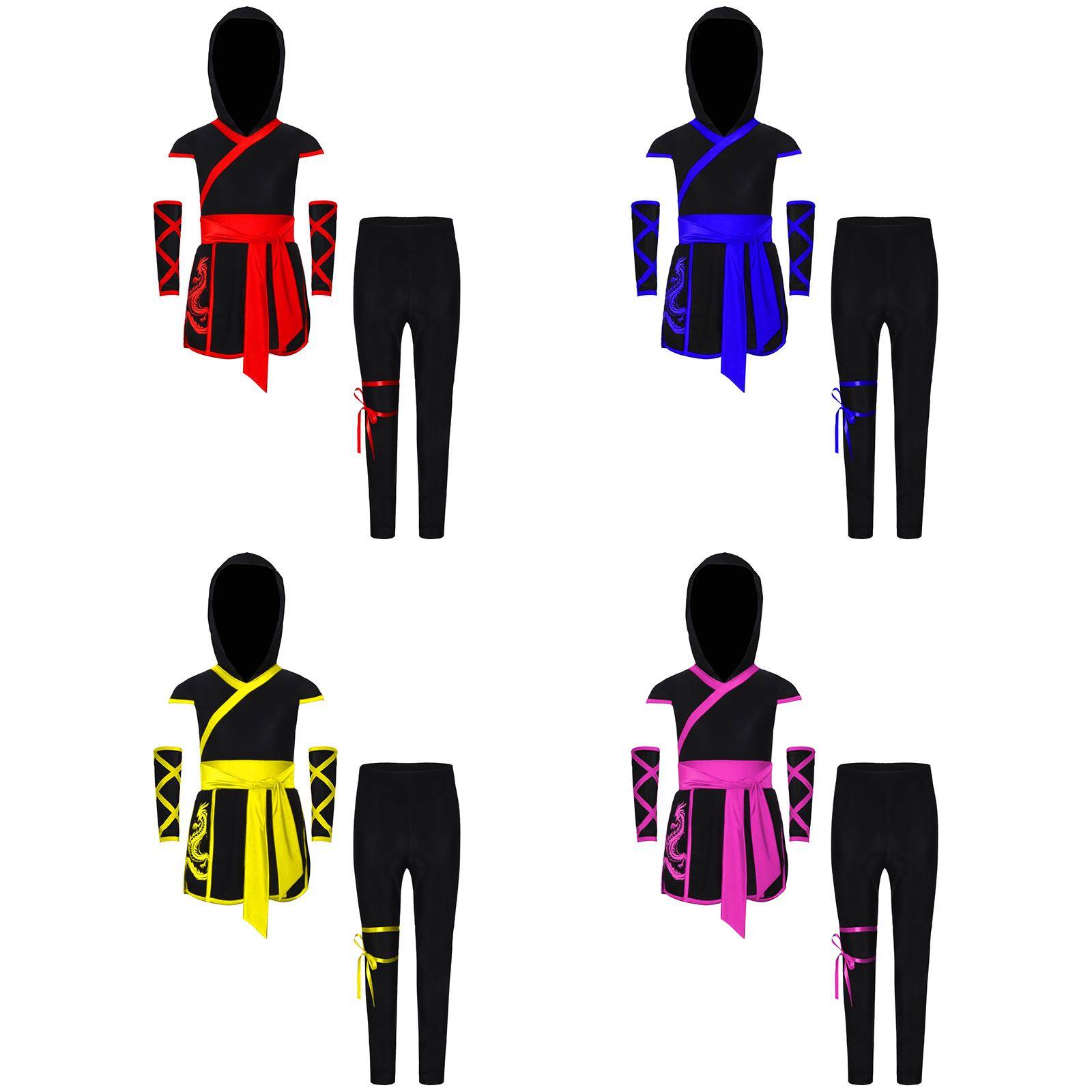 Unisex Barn Ninja Cosplay-dräkt Drake Tryck Huvtröja Bred Skärp Delad Fåll Handskar Byxor Set cm varm rosa färg