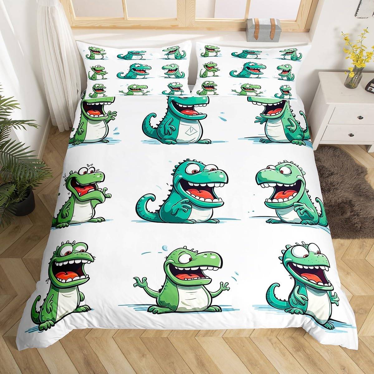 Dinosaurie Påslakan Pojkar Flickor Söt Tecknad Vild Dino Sängkläder Set för Barn Djungeldjur Täckeöverdrag Kawaii Quiltöverdrag AU Single(140x210cm)