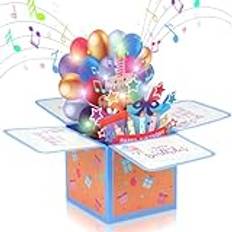 JIZZU Pop up 3D födelsedagskort, popup-lampor och musik födelsedagskort, 3D födelsedagskort uppblåsbar LED-lampa ljus, Happy Birthday-kort med kuvert för mamma kvinnor män