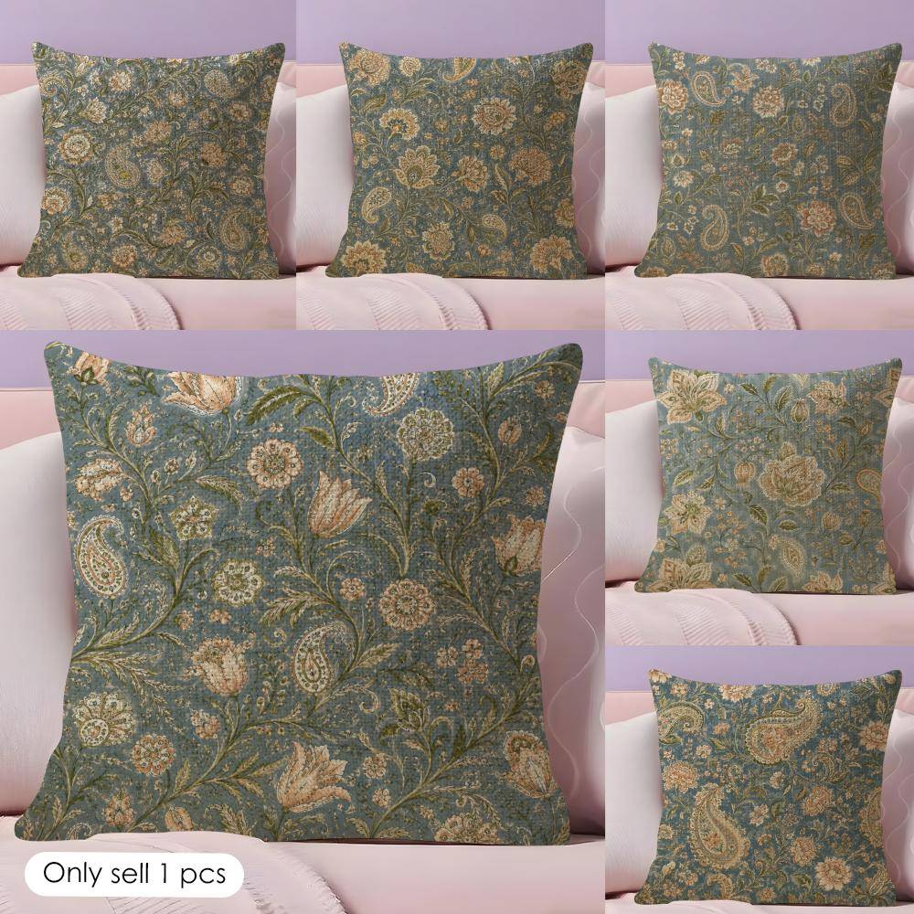 Retro Paisley Blommigt Kuddfodral Slitstarkt Hypoallergent Ekologiskt Linne Kort Kuddfodral Tvättbart