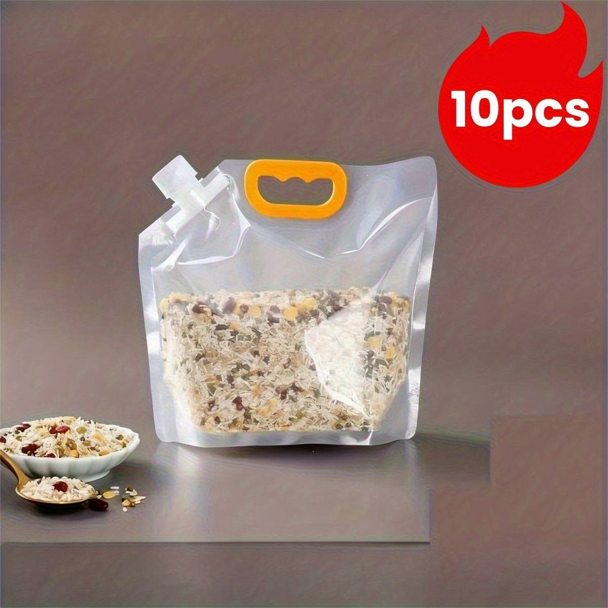 10pcs Large Transparent Reusable Kitchen Food Storage Bags With Yellow Handles And White Lids - Durable Rectangular Plastic Food Organizer Bags For Rice