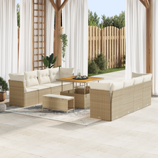 11-delat trädgårdsmöbelset med kuddar i beige poly-rattan och akacia