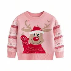 Ung flicka jul rosa rund hals ren randig barn stickad tröja långärmad, nyår tröja för höst/vinter (6Y,7Y,4Y,5Y,2-3Y)