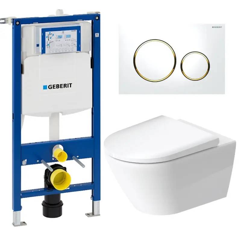 Toiletpakke m/Duravit D-Neo toilet m/ Geberit cisterne, sæde og hvid/guld trykplade