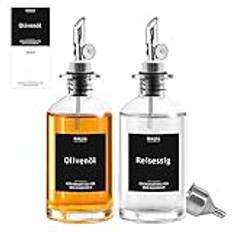 HMJIA Oljeflaska olivolja och vinäger köksset med pip i rostfritt stål 304 dispenser flytande kryddbehållare förpackning 2 med 350 ml med 78 klistermärken (silver)