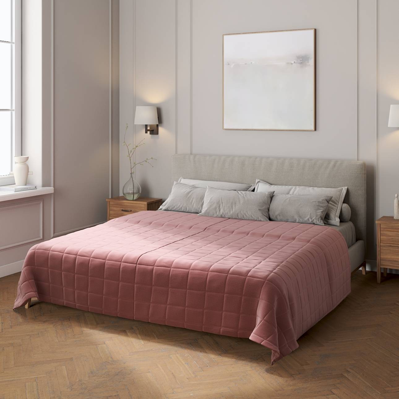 Sengetæppe quiltet<br/>10x10cm tern, Mørk rosa, Ingrid
