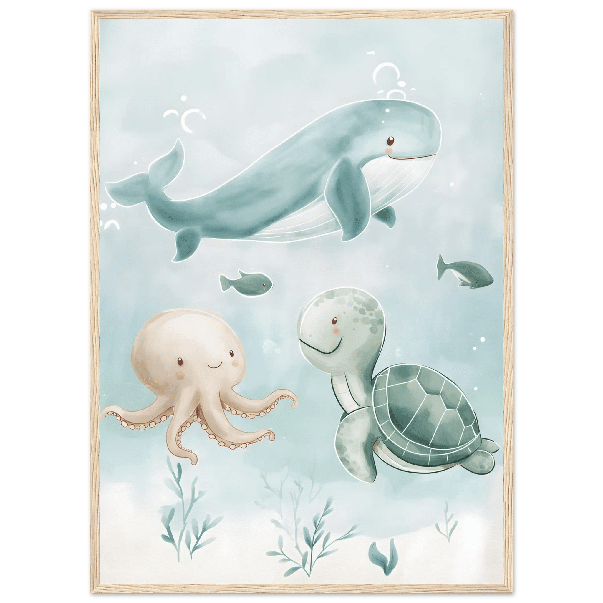 Söta havsdjur poster-50x70 cm / 20x28″ / Med ram / Ljust trä