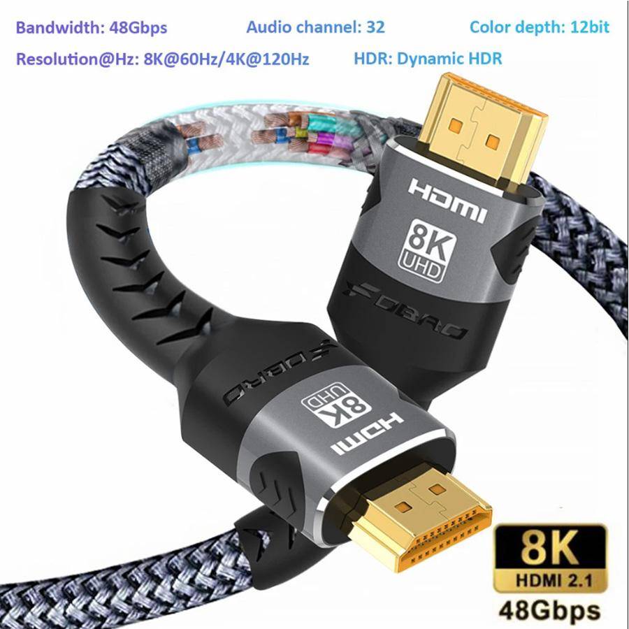 8K HDMI-kabel 2.1 48 Gbps Höghastighets HDMI Flätad Sladd-4K@120Hz 8K@60Hz, DTS:X, HDCP 2.2 & 2.3, HDR 10 för kompatibel bärbar dator/PS5