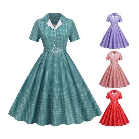 Dam Aftonklänning Retro Halv Enkelknäppt A-linje Stor Vidd Kort Ärm Nedvikt Krage cm blå/grön