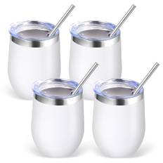 Volhoply 350 ml rostfritt stål vinglas med lock bulk 4-pack, 350 ml dubbelvägg vakuum stamlösa vinglas, metall rese kaffemugg med sugrör, isolerade koppgåvor för kvinnor, jul (vit, 4 set)