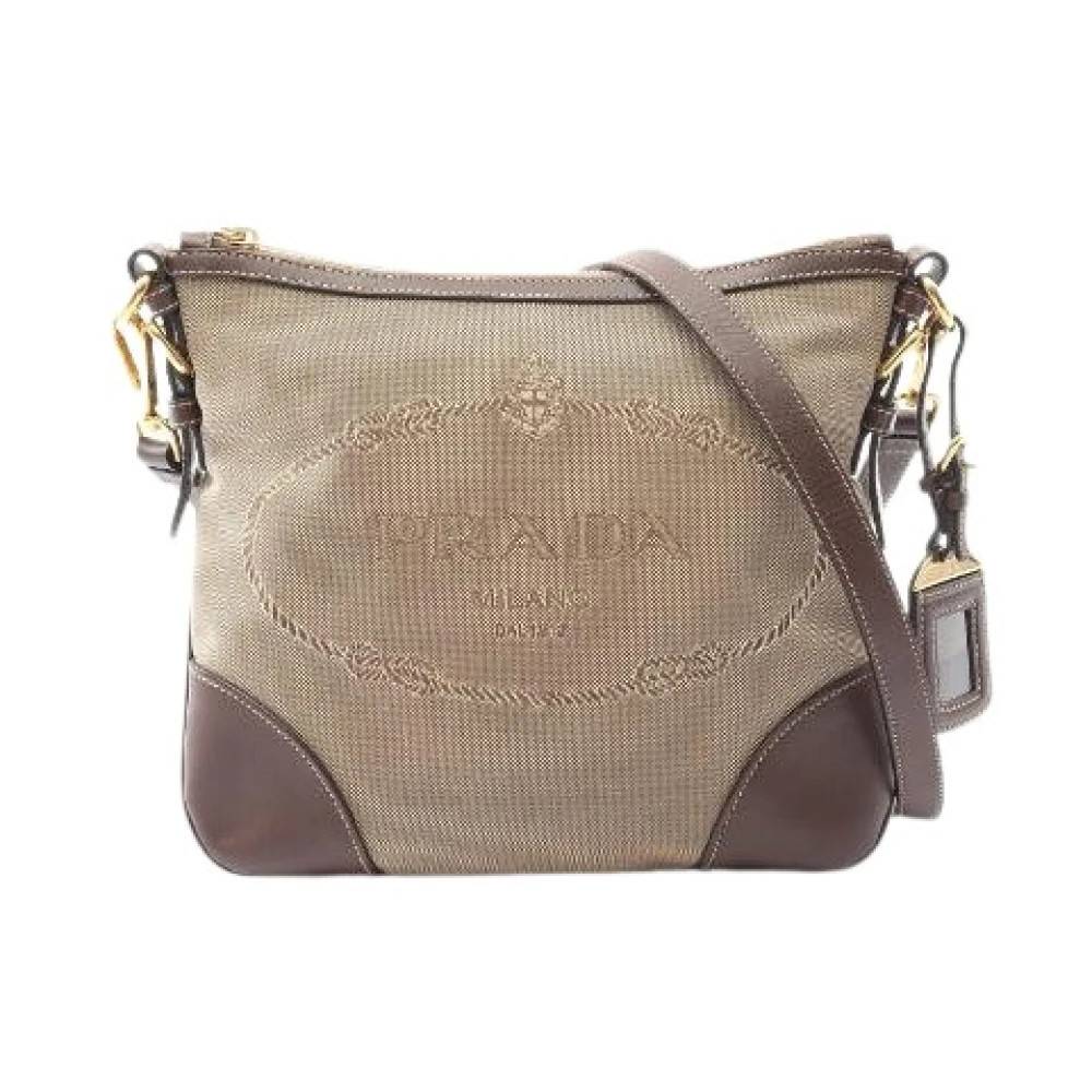 Prada Vintage Pre-owned Logo Jacquard Canvas Læder Skuldertaske - Vintage - Dame - Beige - ONE SIZE - Uld