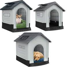 YUENFONG Pet Kennel Plast utomhus, vattenavvisande isolerad hundhusskydd, Robust hundkennel med ventilationsgaller och förhöjt golv, takfönster, för u - Grå (L,M,XL)