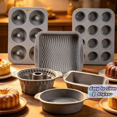 6 delar silikonköksbakset, inkluderar non-stick silikonbakform, silikonkakform, muffinsplåt, munkform, cupcakeform, kakform - Grå