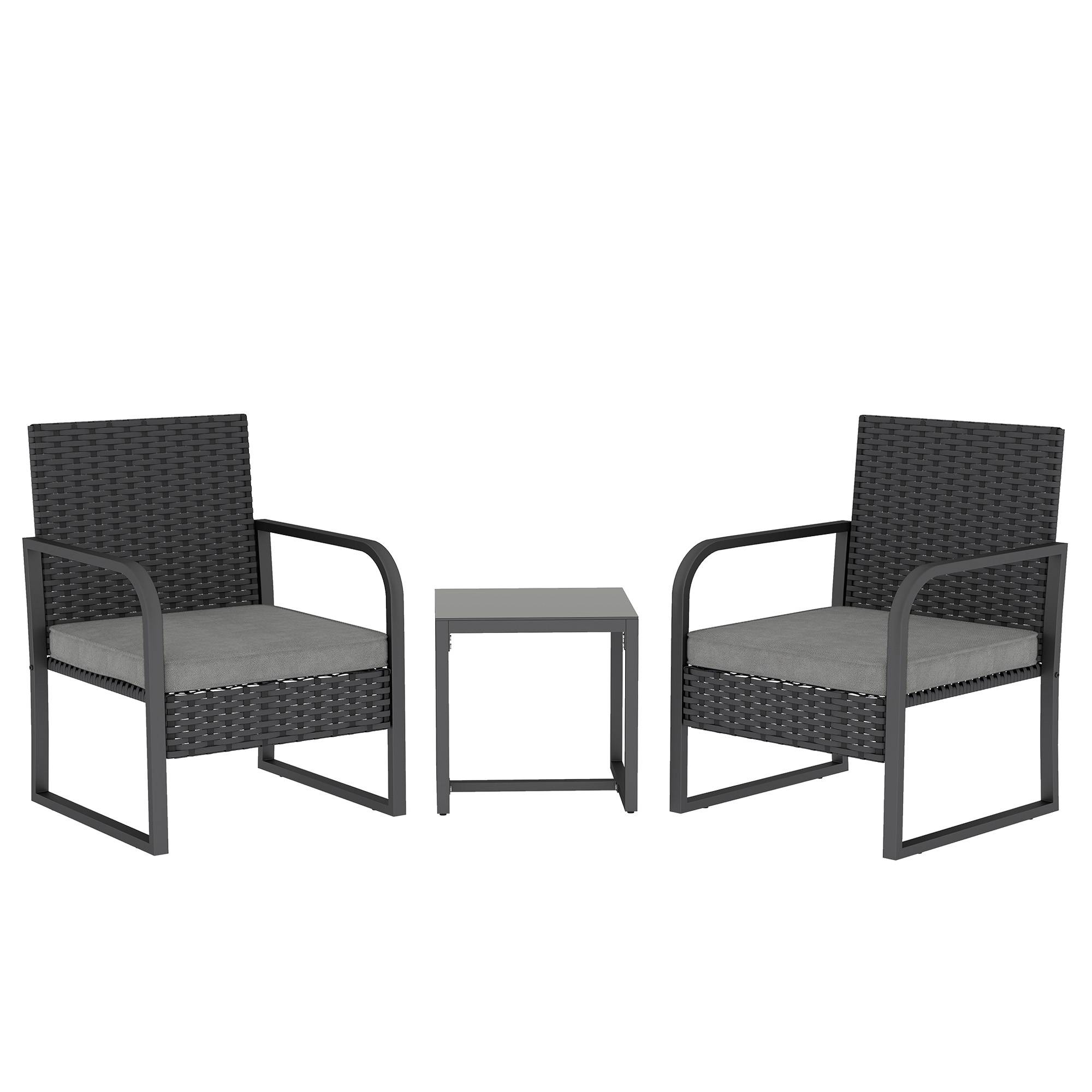 Outsunny Rattan Bistro Set, 3 Piece Garden Furniture Set with Cushions and Glass Top Table, Black
