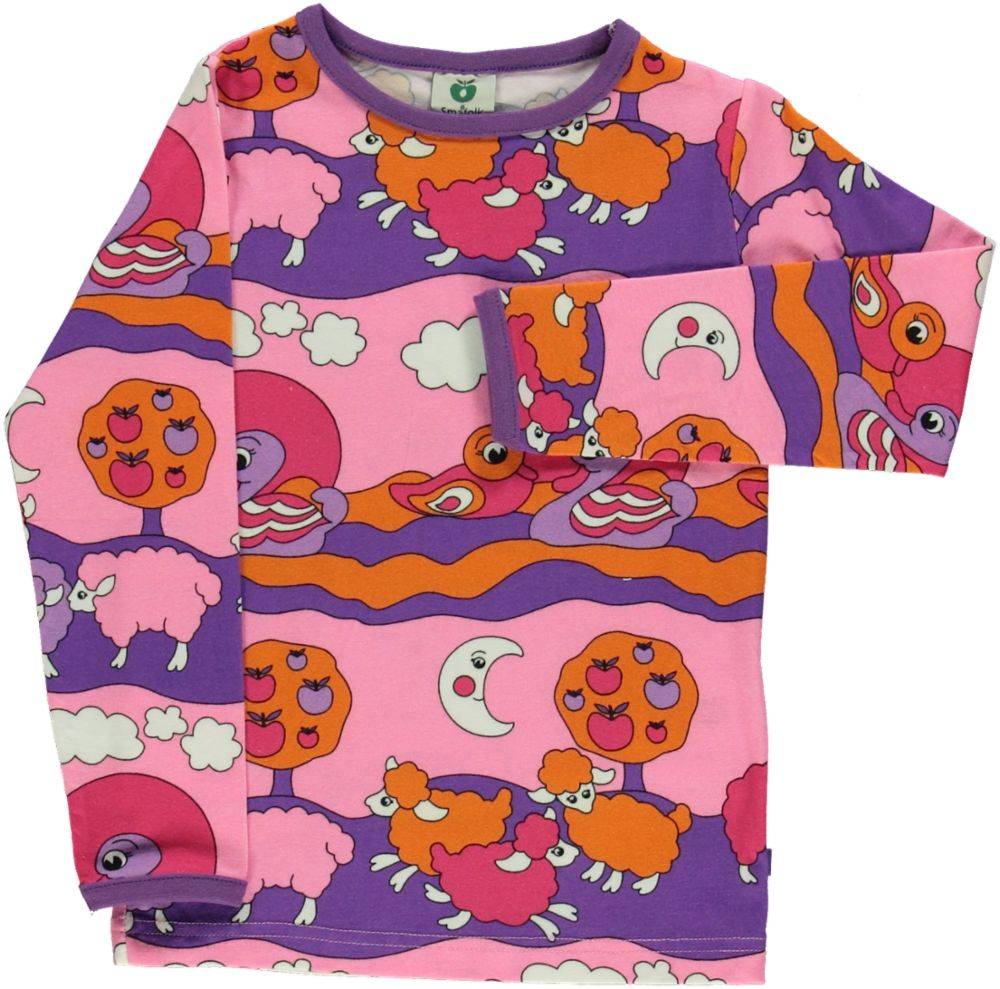 Langærmet bluse med får og ænder - Pink / 80 cm