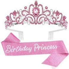 Birthday Princess Sash & Crown Tiara Kit - Happy Birthday Queen Tiara for Women Crystal Headband Hair Accessories for Caketopper