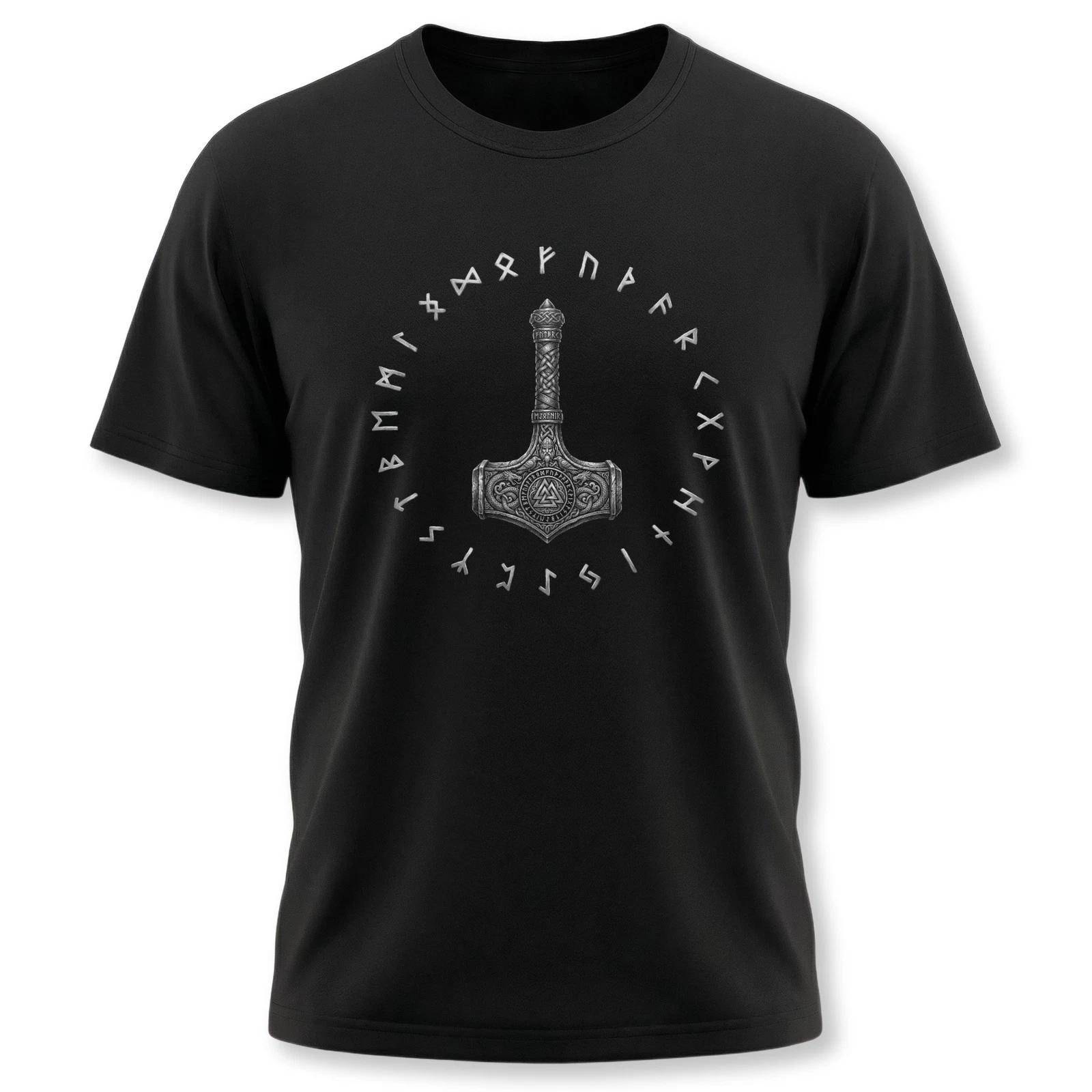 Tors hammare Mjölner & Runor T-shirt | Viking Nordisk mytologi T-shirt cm black