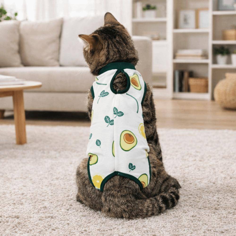 Fruktmönstrad Katt Återhämtningskläder Hög Elasticitet Bekväm Katt Steriliseringsdräkt Andningsbar Mjuk Katt Jumpsuit Husdjursvård grön