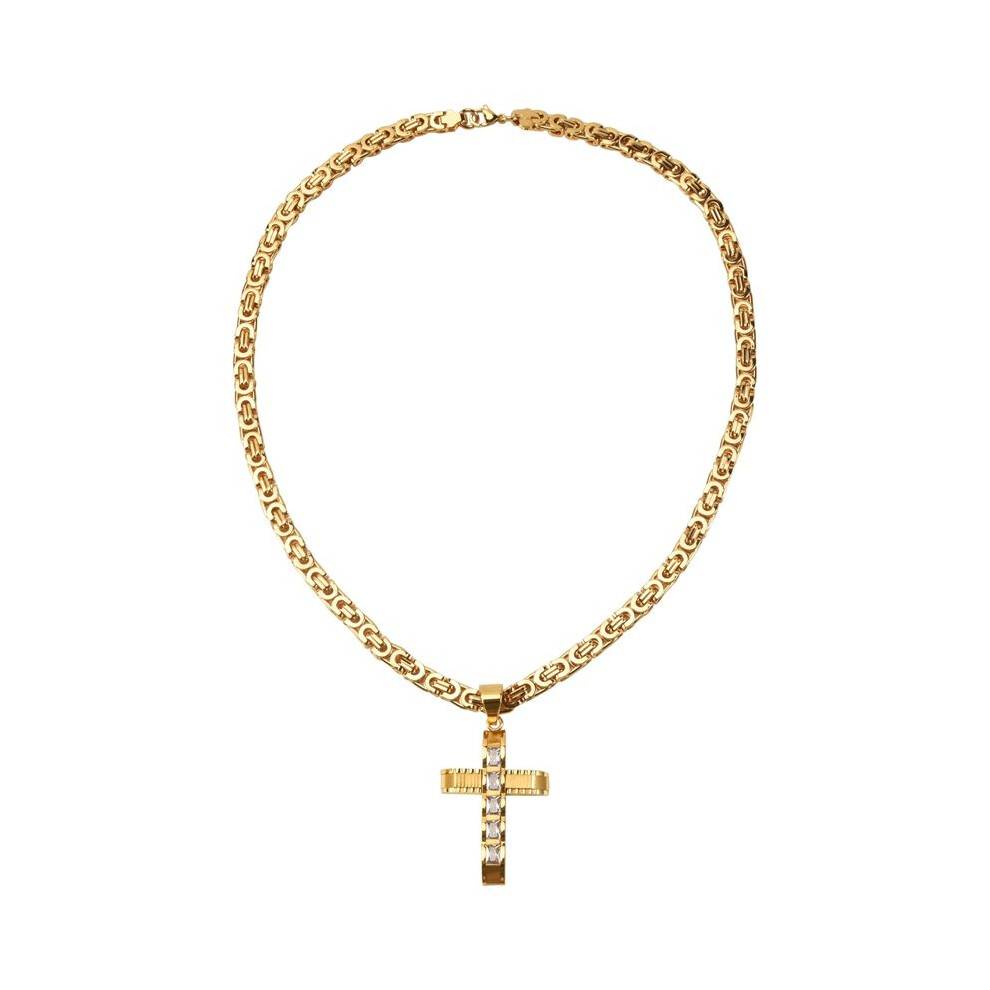 Mens Stainless Steel Gold Zircon Pendant Necklace Flat Chain Tone 6mm 22inch