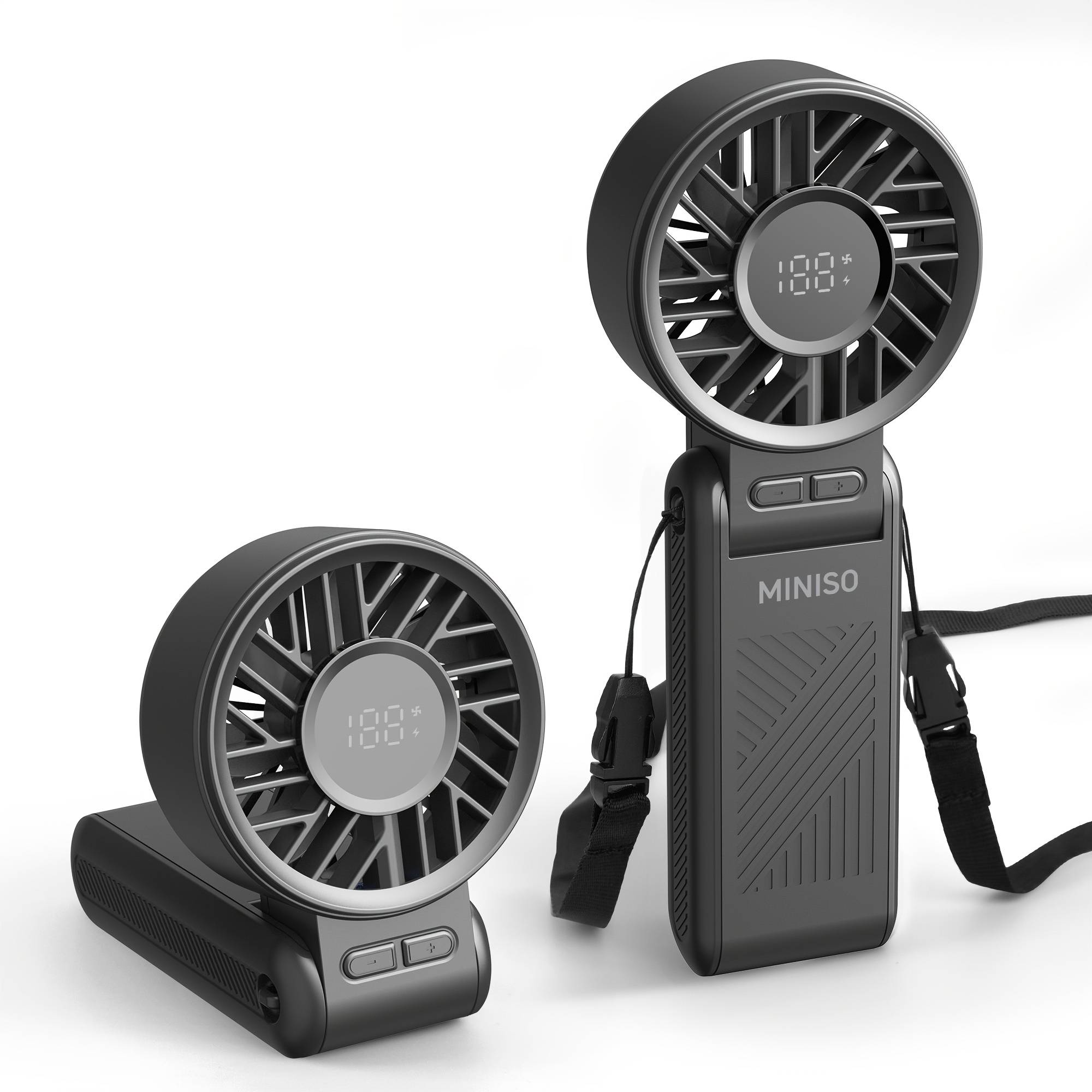 TEMU Miniso Portable Handheld Lanyard Turbo Fan High Speed Mini Fan With Lanyard,3600mah Rechargeable Personal Desk Fan With Led Display, 3in 1 Foldable Fan For Shopping.