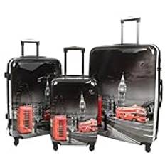 A1 MODEVAROR 4-hjuls bagage hård PC lätta resväskor resväskor London landmärken tryck, Flerfärgad, Full Set x 3 (C+M+L), Fast sida expanderbart bagage på hjul