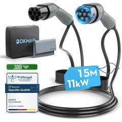 Bokman Type 2 EV Charging Cable 11kW 15m | Mode 3, 16A, 3-Phase with Carry Bag.