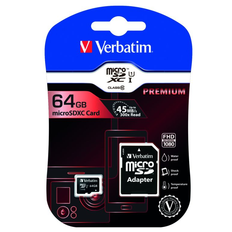 Micro SDHC kort. Premium Verbatim. 64 GB/GO. Inkl. Adapter