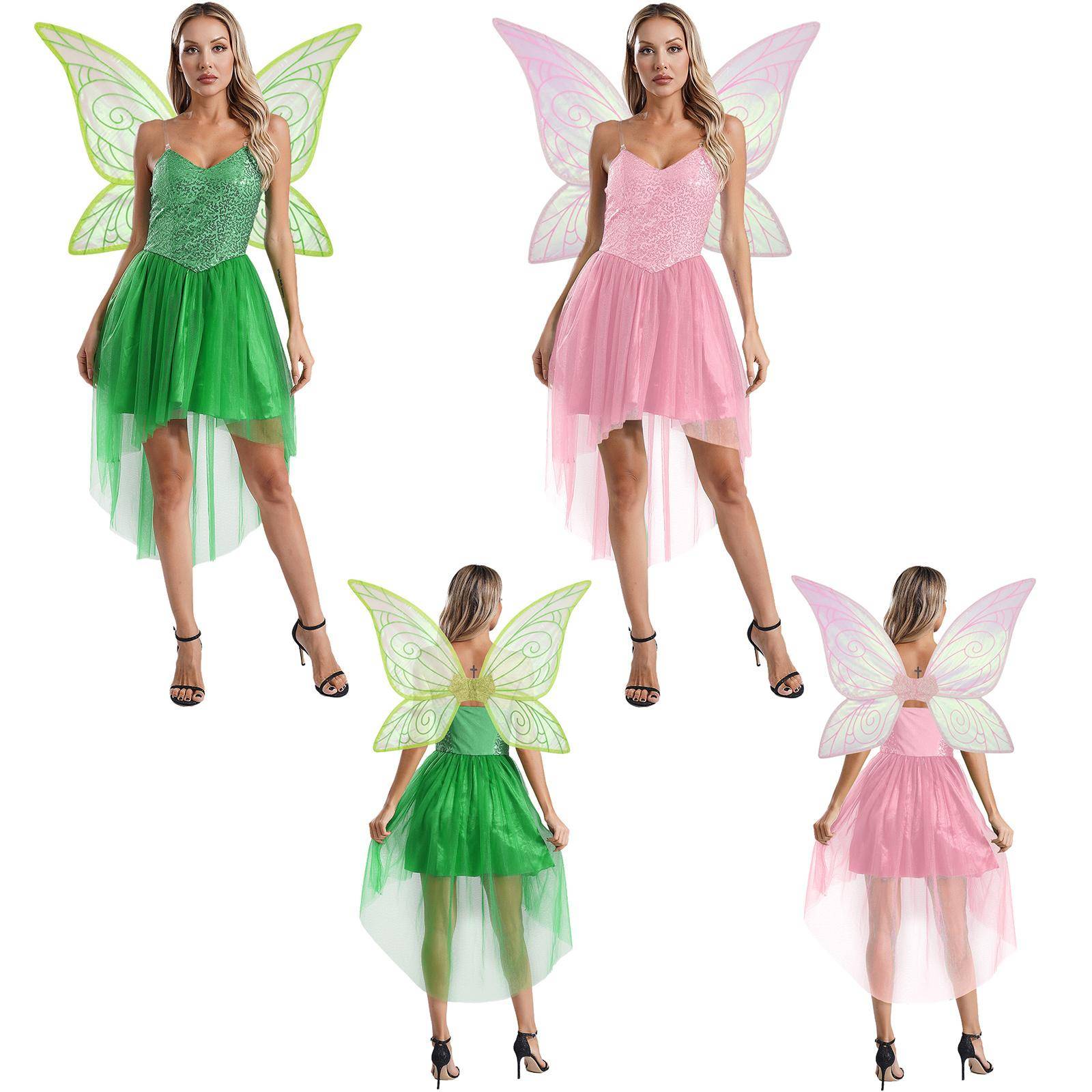 Dams Halloween Älva Alv Cosplay Kostym V-ringad Ärmlös PaljettTyllfåll Klänning med Fjärilsvingar för Karneval Jul Fest cm rosa