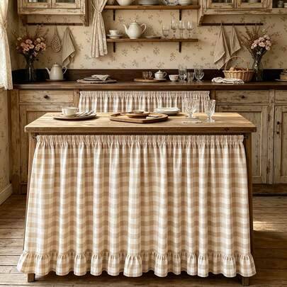 1 st khaki rutig bordskjol med volang och förvaringsöverdrag, mjuk, andningsbar och tvättbar, lämplig för kök, entré, diskbänk, sideboard, högtidsfest - Kaki (100*75 cm,200*100 cm,132*75 cm,132*50 cm,100*50 cm)