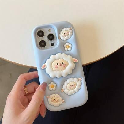 3D-sött 3D-klövertelefonskal, tecknat integrerat stativ lämpligt för iPhone 15/17 Air/17, heltäckande skyddande skal för Apple 13/14 Pro Max, koreansk - Ställd lamm (Multi-size)